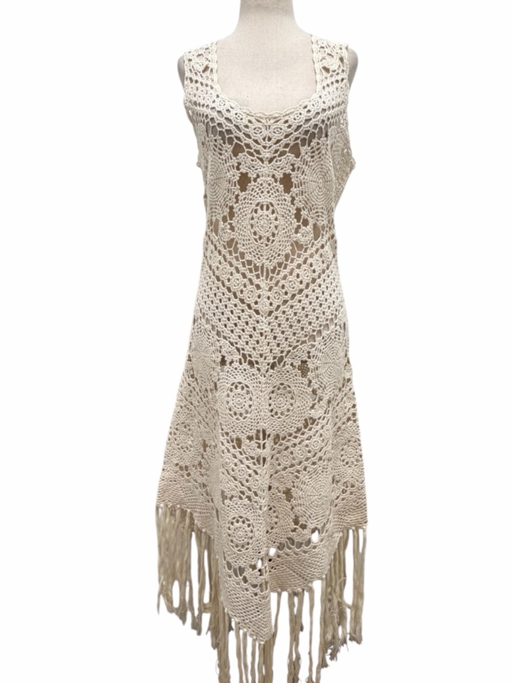 Miss June Natural Crochet Sleeveless Fringe Dress Size 2